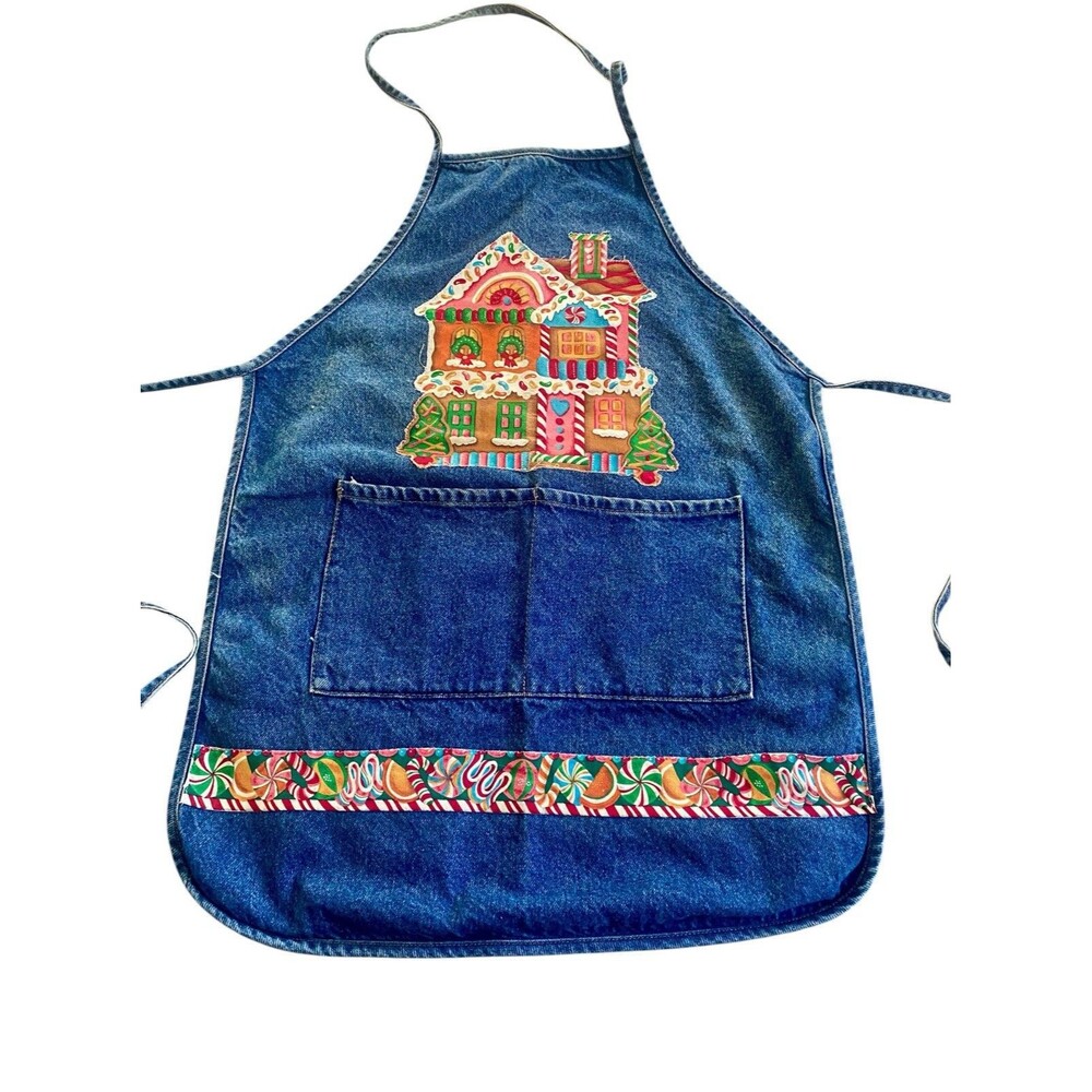 Vintage Apron Denim w Applique Christmas Gingerbread House Bib Style